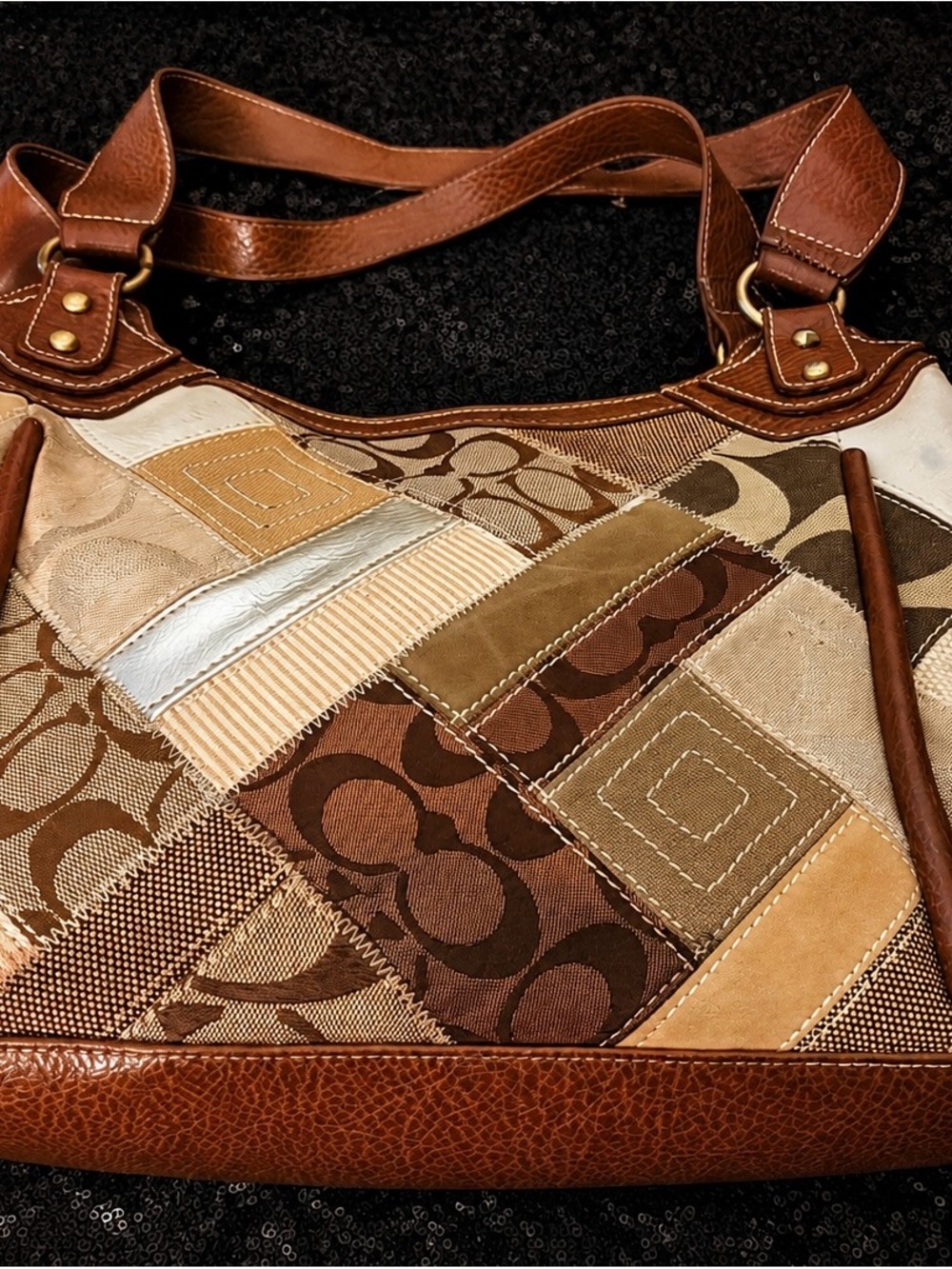 Coach Patchwork Signature Shoulder Bag in Brown and Cream